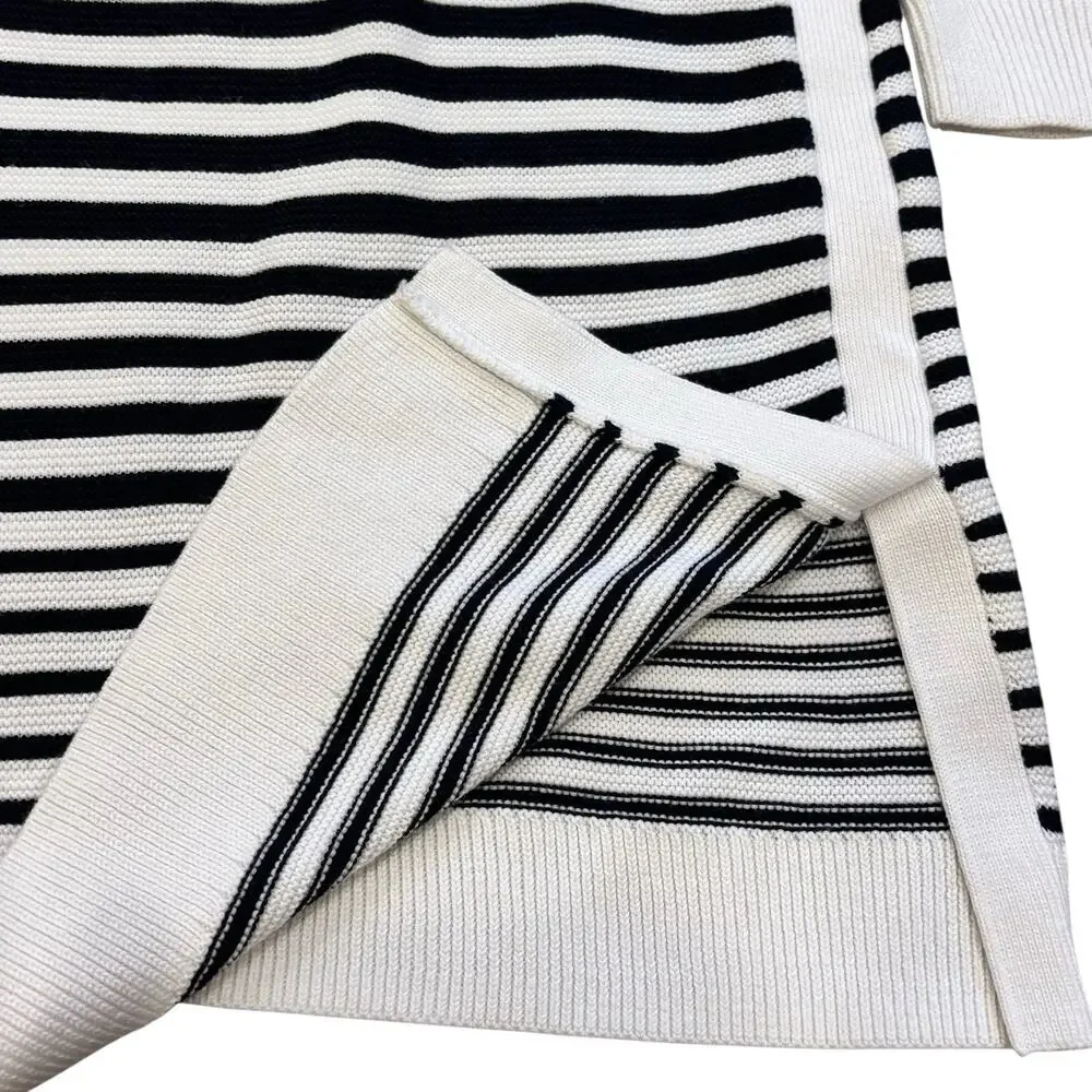 Talbots Black & White Graduated Stripes Tunic Sweater Split Hem 3/4 Sleeve Large
